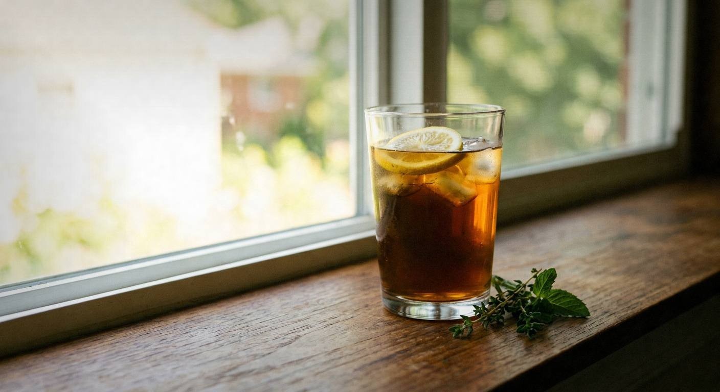 Finished cold brew dandelion nettle detox tea in tall glass with ice, lemon wheel, and condensation, outdoor spring garden background with dandelion flowers