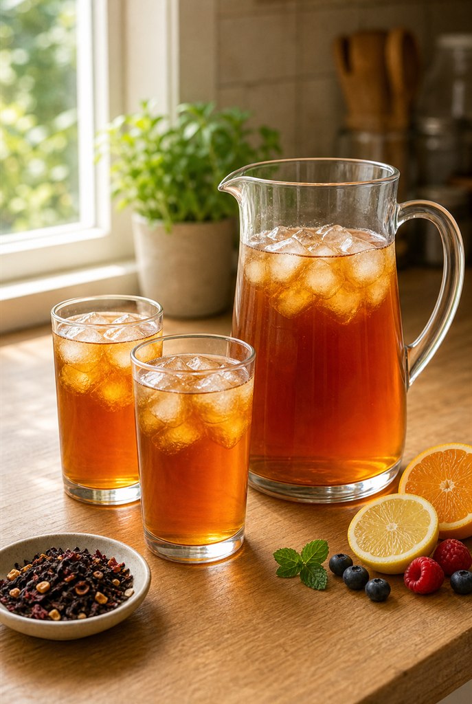 Cold brew loose leaf tea served over ice in clear glasses with summer fruit beside the pitcher