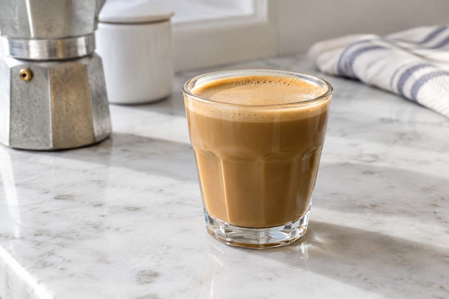 Ingredients for cortadito laid out: ground coffee, granulated sugar, and whole milk in separate containers