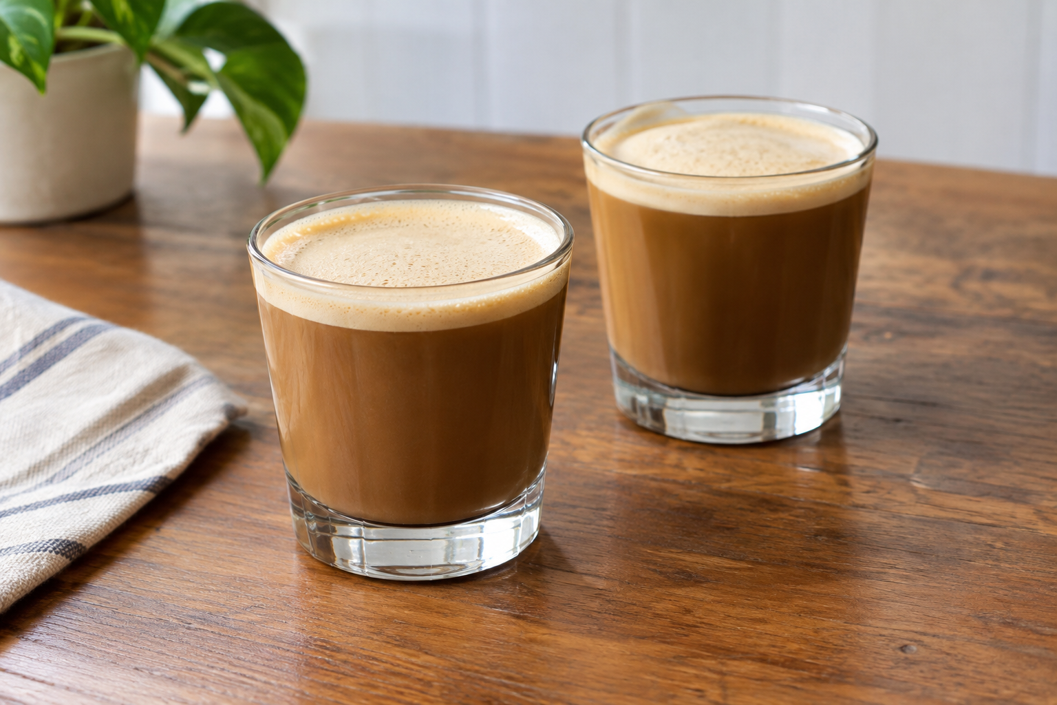 Two finished cortaditos in clear glasses on a table with spoons beside them