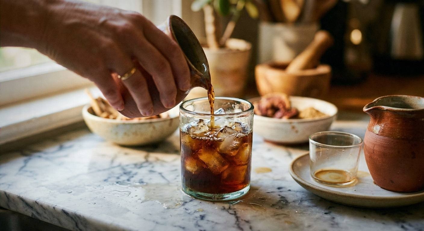 Hands straining cold-brewed adaptogenic stress relief tea through cheesecloth into glass pitcher, showing golden-amber liquid and spent herbs