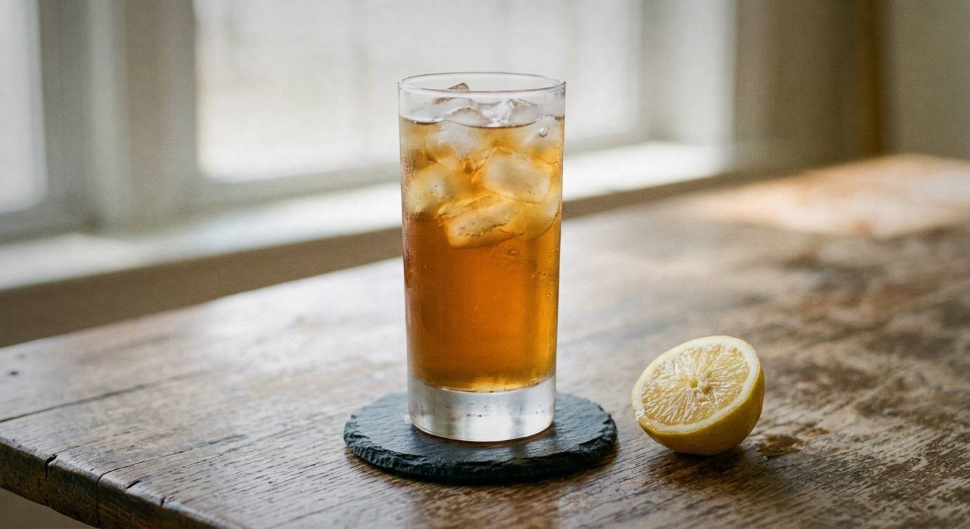 Tall glass of iced cortisol lowering tea with condensation, fresh lemon wheel, and sprig of fresh holy basil, photographed outdoors in natural spring light with garden background