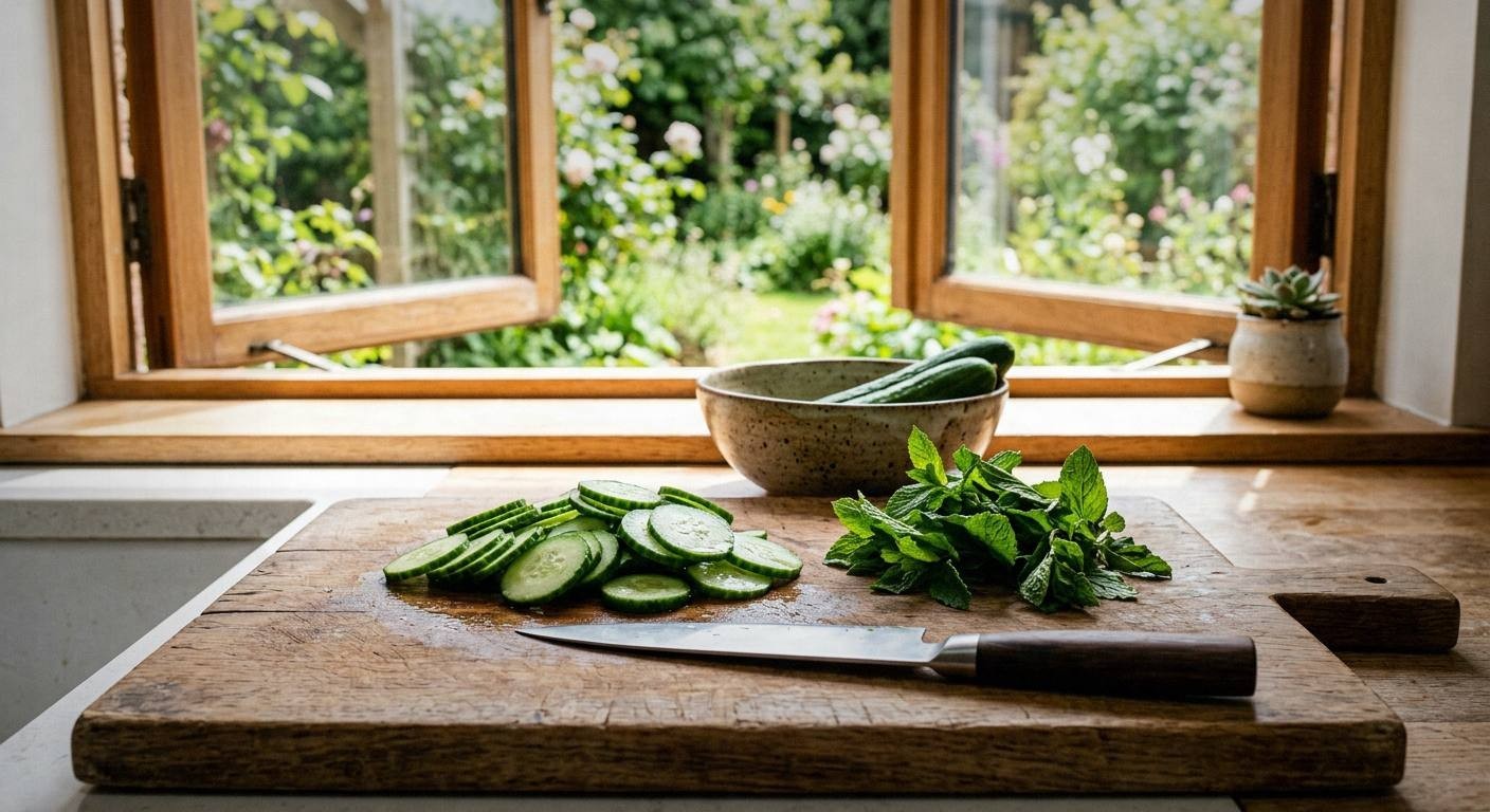 Fresh cucumber slices and mint leaves arranged for a Crisp Cucumber Mint Cooler mocktail