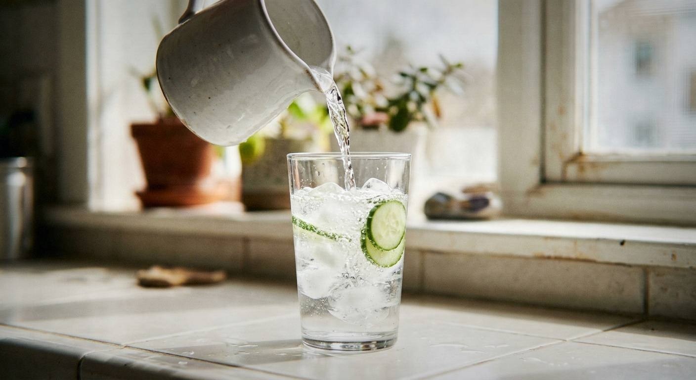 Pouring soda water into a Cucumber Mint Cooler mocktail with fresh lime