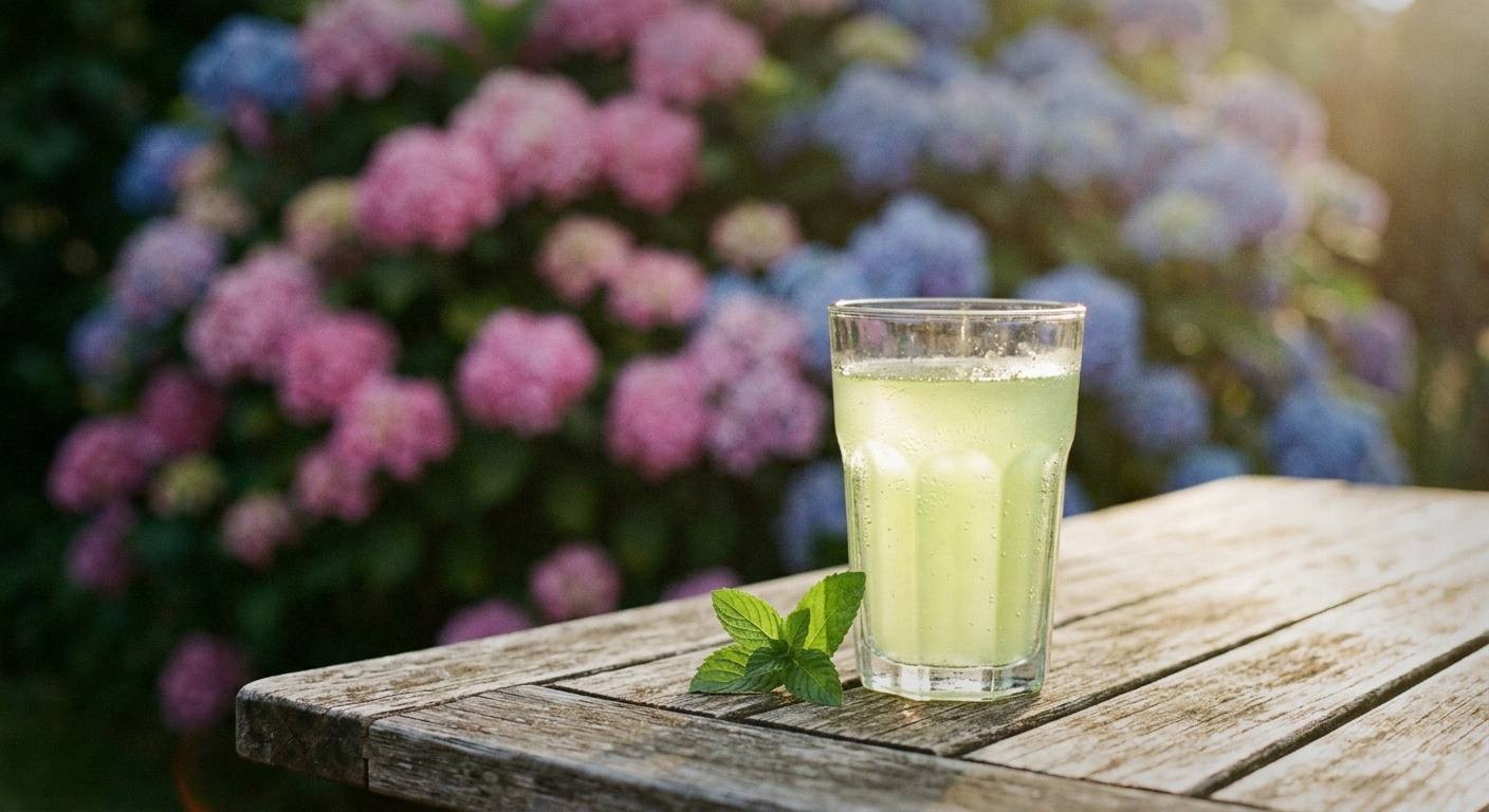 Finished Crisp Cucumber Mint Cooler mocktail garnished with cucumber ribbon and fresh mint