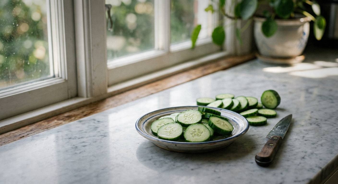 Fresh cucumber slices and elderflower cordial bottle on marble counter with lime halves and ice bucket, bright spring morning light