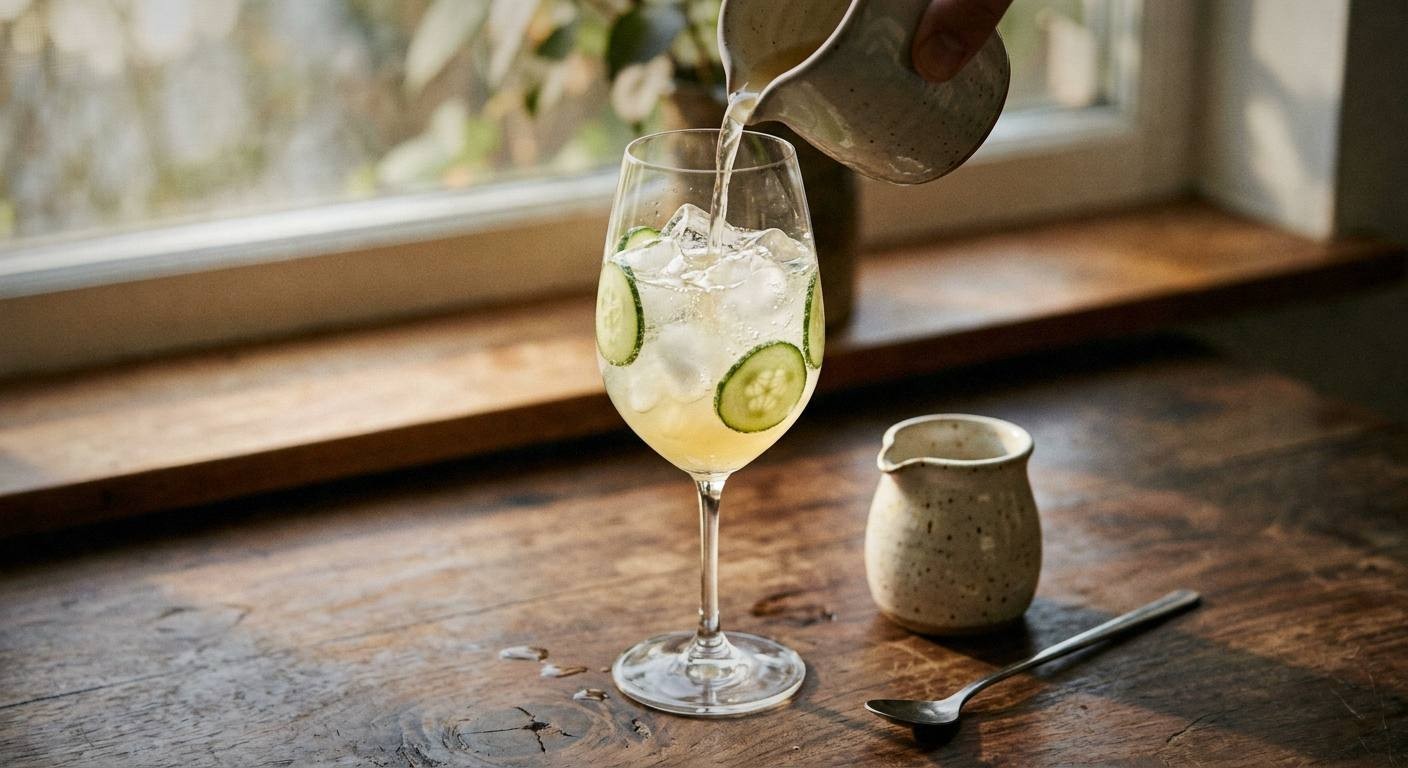 Muddled cucumber slices in bottom of wine glass with ice cubes, elderflower cordial being poured from small measuring cup