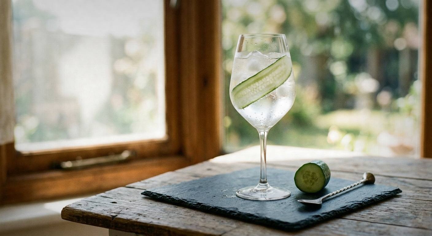 Finished cucumber elderflower spritz in tall wine glass with condensation, cucumber slice garnish and mint sprig, ice cubes visible, outdoor patio table with dappled sunlight