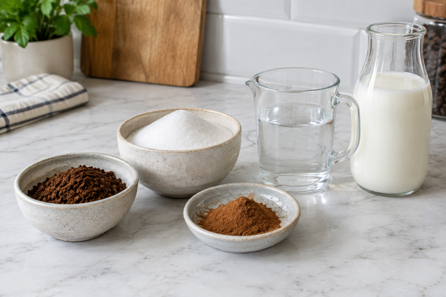 Instant coffee, white sugar, and hot water measured in equal amounts on a counter