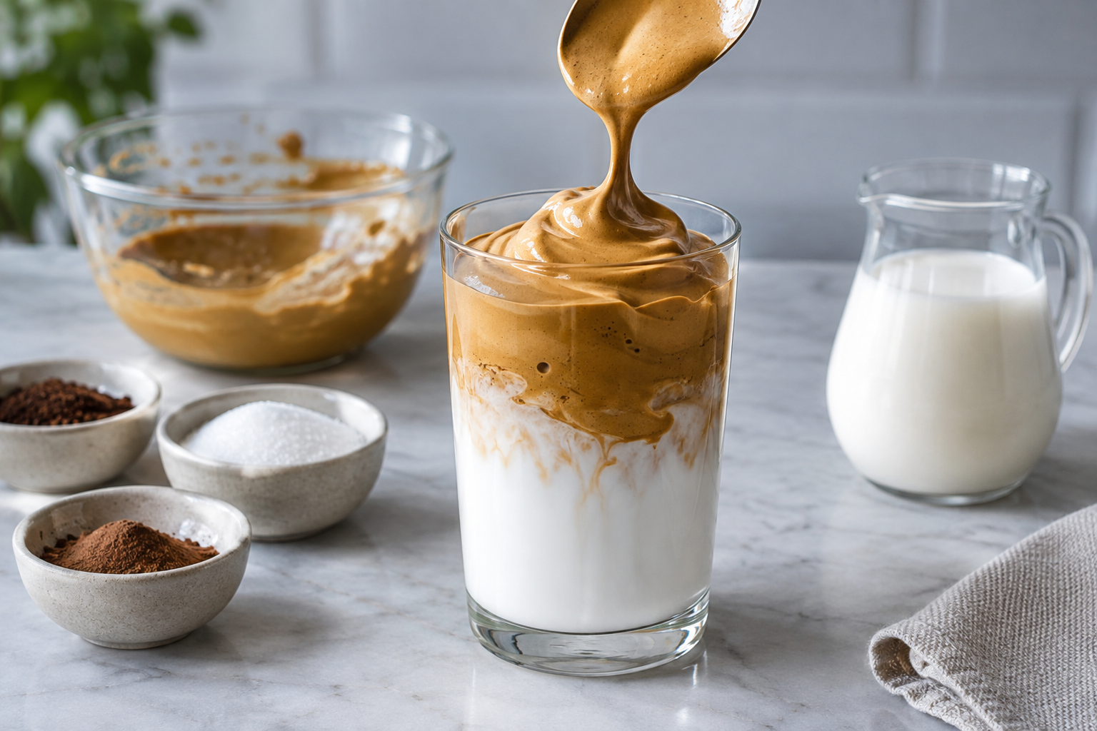 Whipped coffee foam being spooned onto cold milk in a clear glass
