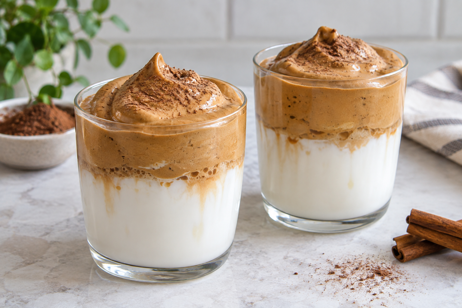 Two glasses of dalgona whipped coffee with foam on top, styled on a table