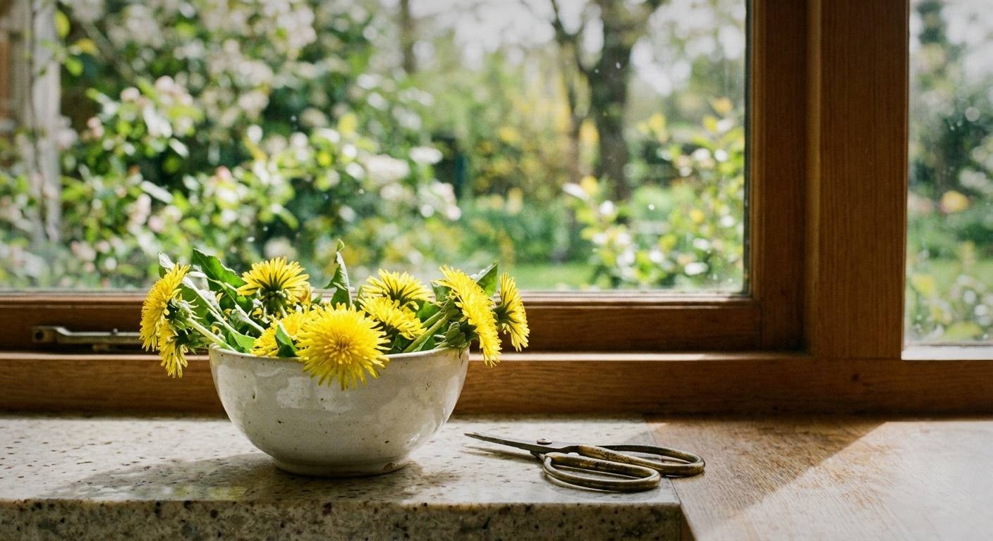 Fresh yellow dandelion flowers gathered for syrup