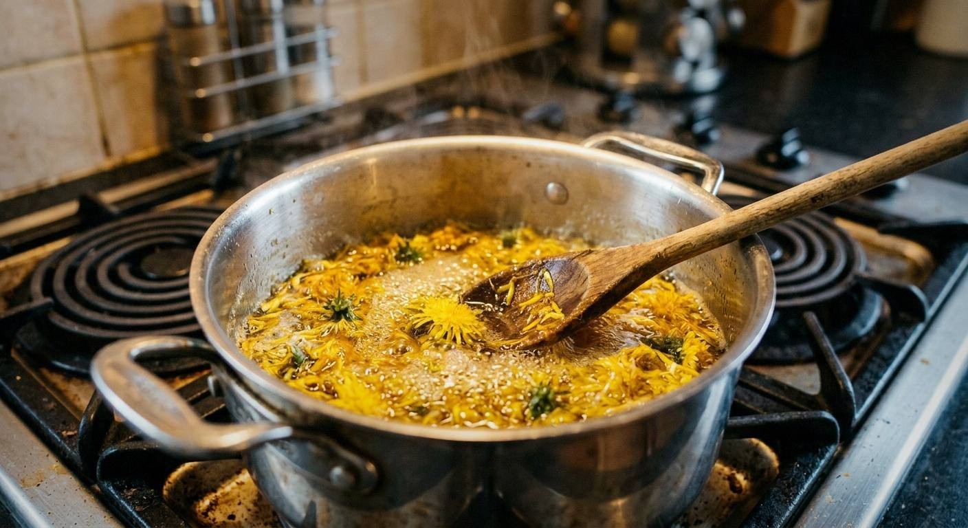 Golden dandelion sugar syrup simmering in a saucepan