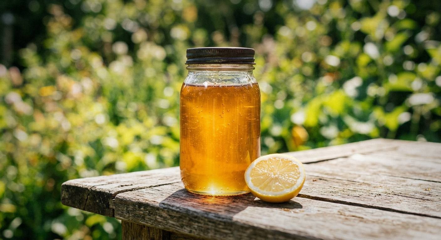 Small jar of golden dandelion syrup beside fresh flowers and lemon