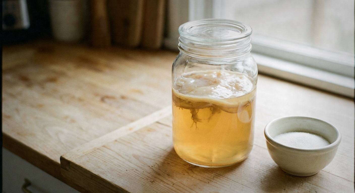 Glass jar of fermenting ginger mint kombucha with SCOBY floating on top, fresh ginger slices and mint leaves visible through amber liquid on white kitchen counter