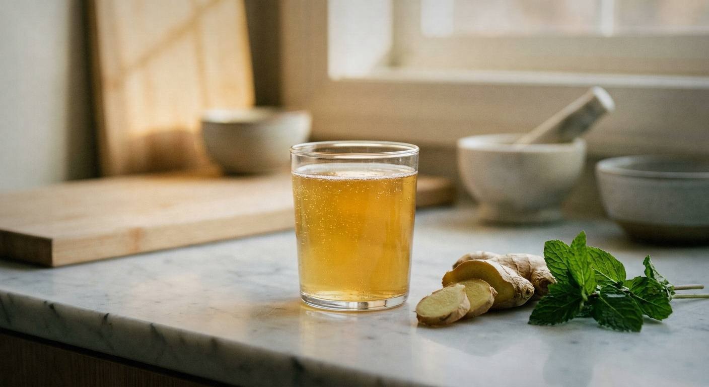 Hands adding fresh ginger slices and mint leaves to glass swing-top bottles for second fermentation of probiotic kombucha on wooden cutting board