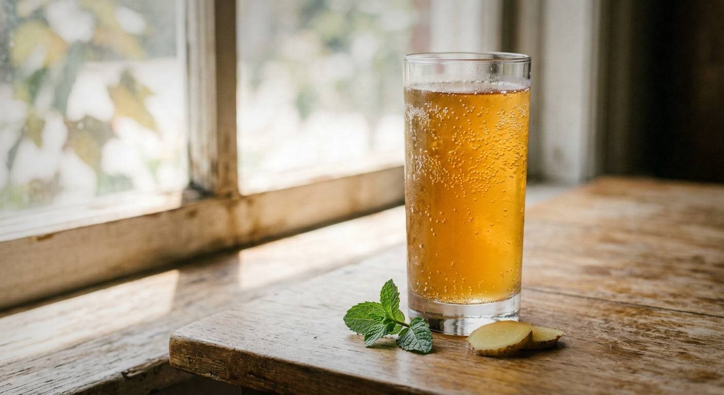 Chilled ginger mint kombucha poured into clear glass with visible carbonation bubbles, fresh mint garnish, ginger slices on side, natural light