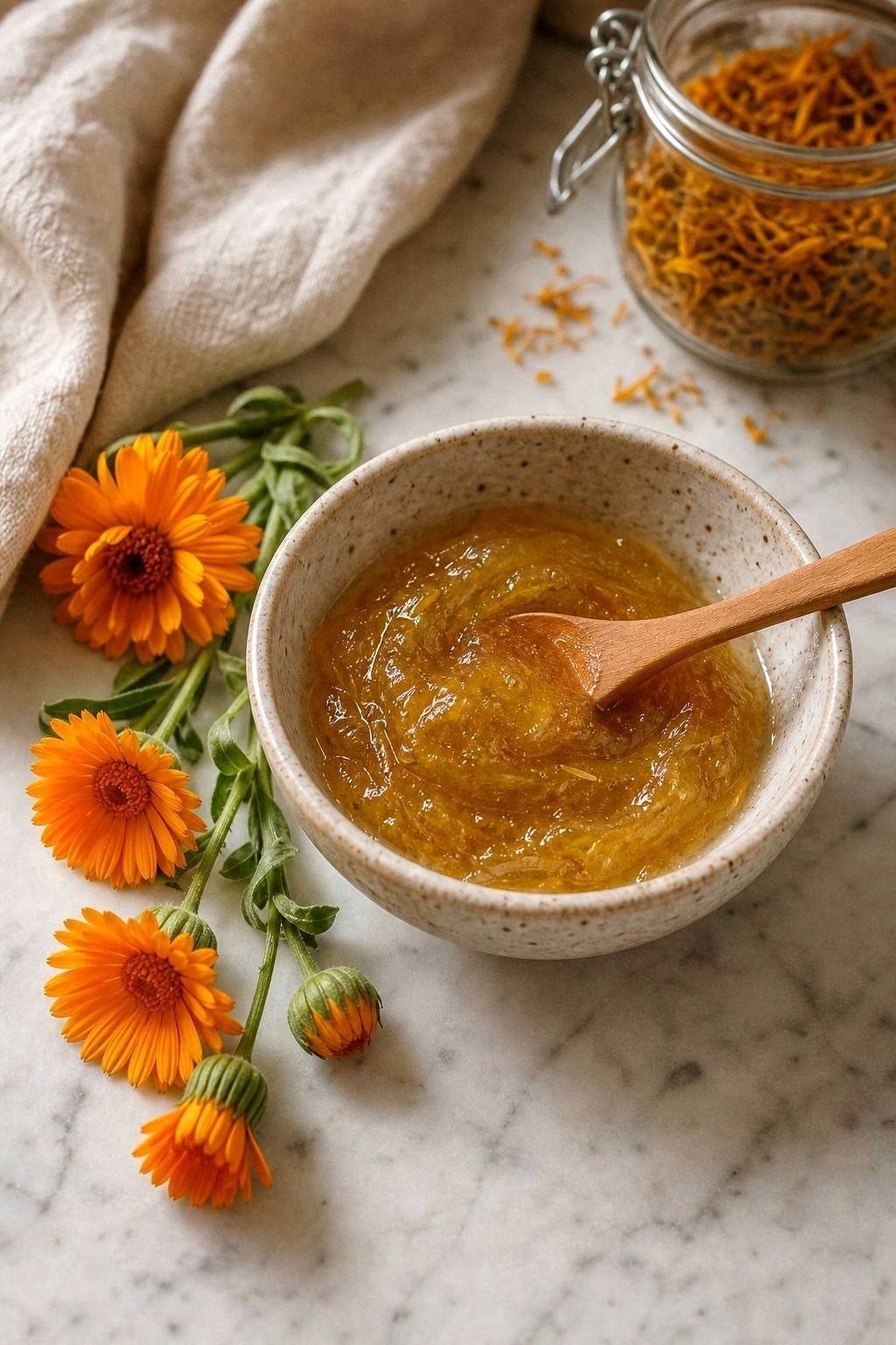 Small ceramic bowl of golden calendula honey face mask paste with fresh calendula flowers on a marble counter