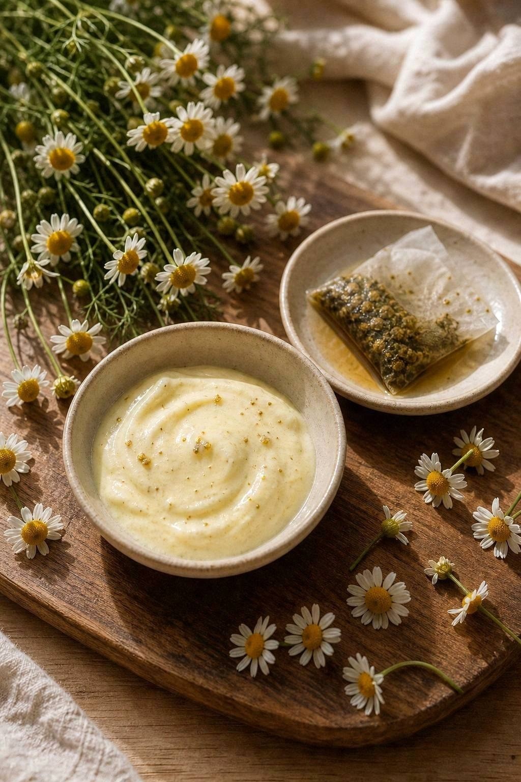 Pale yellow chamomile yogurt mask in a small dish beside a steeped chamomile tea bag and fresh chamomile flowers