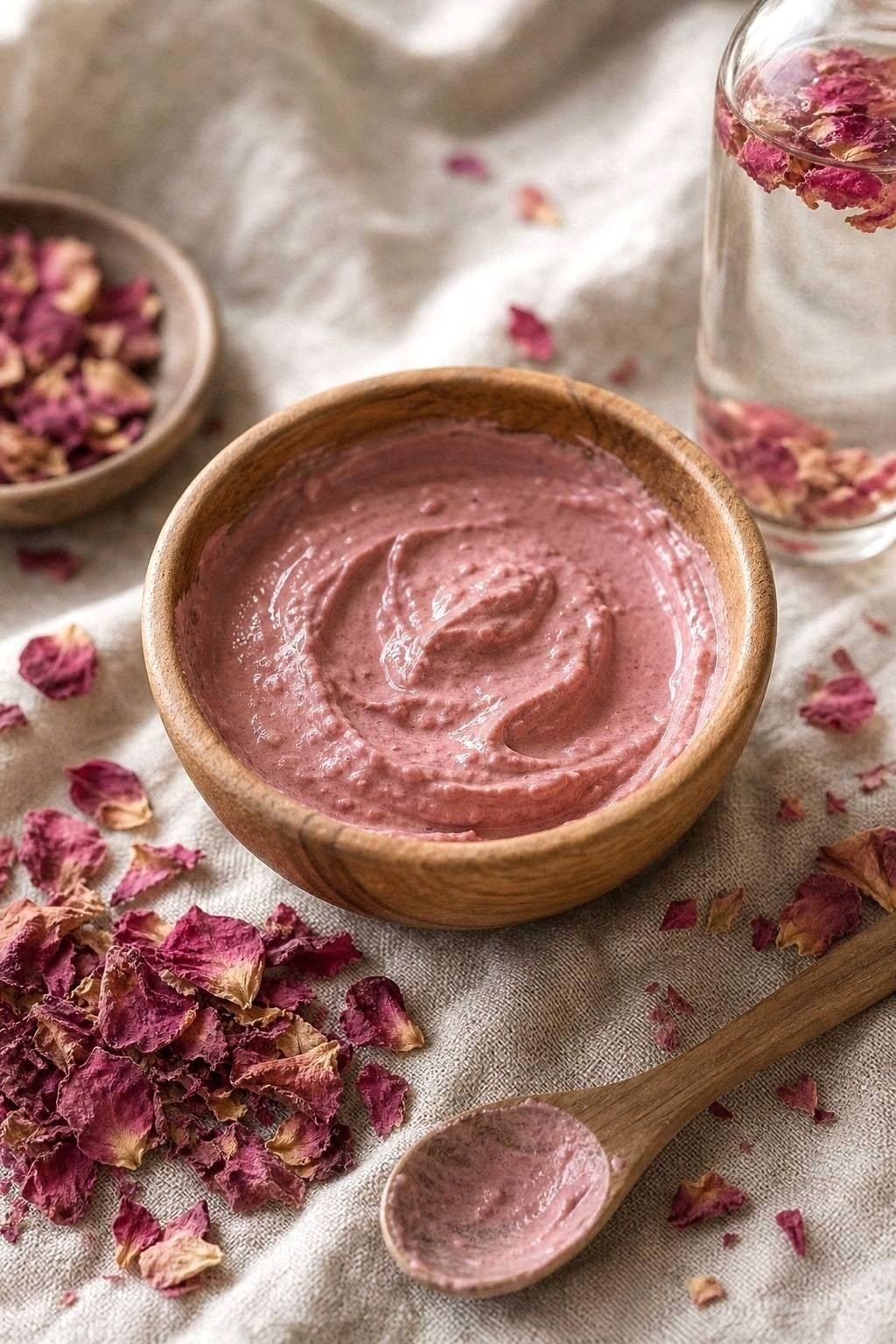 Pink rose clay face mask in a wooden bowl with dried rose petals scattered around a small wooden spoon on linen