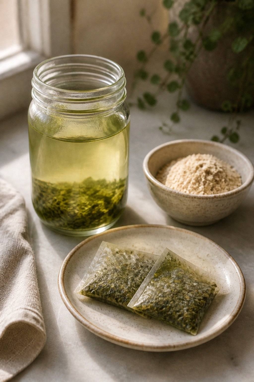 Two chilled green tea bags resting on a small ceramic plate beside a glass jar of cold brewed green tea and a small bowl of oats