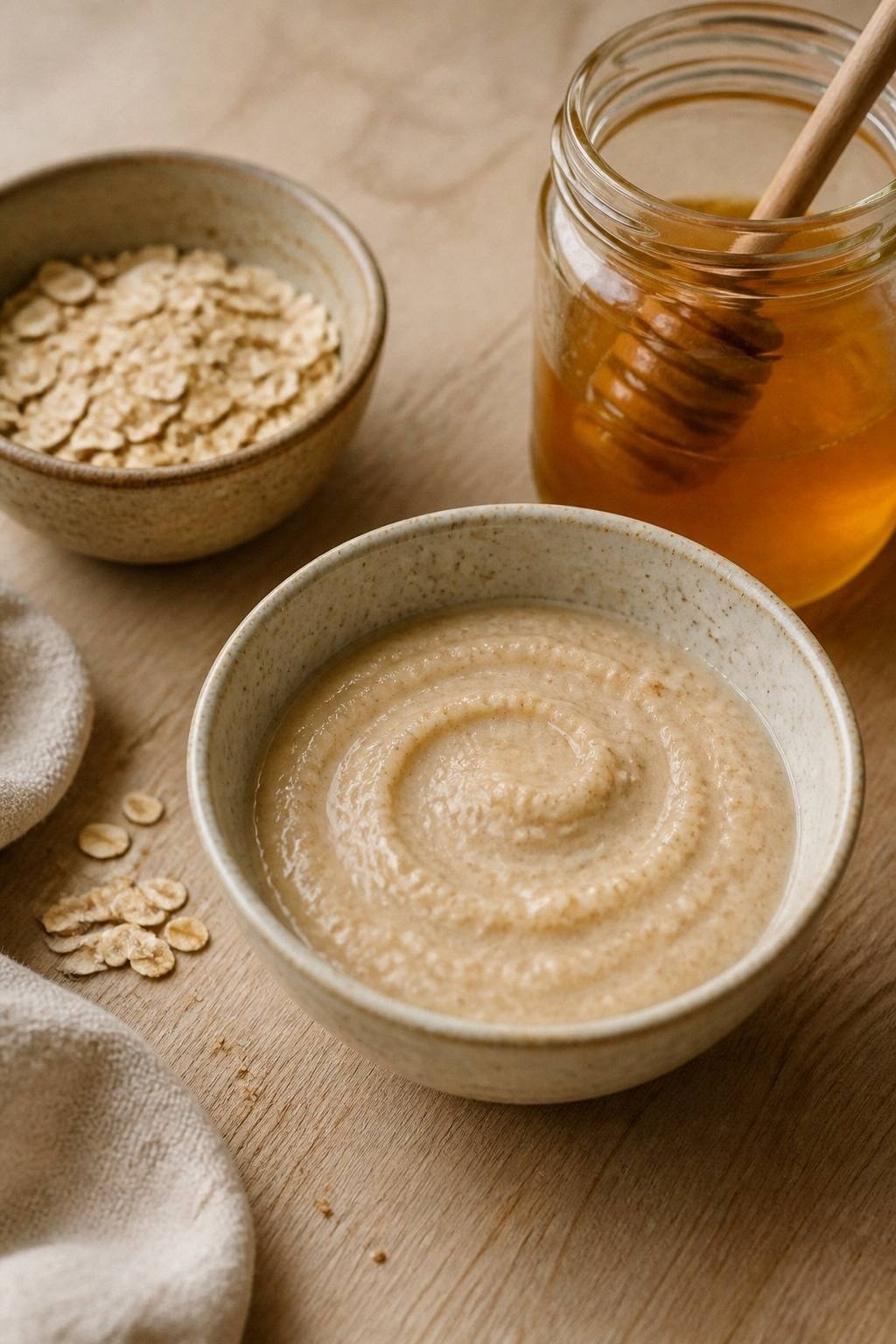Cream colored oat honey mask in a small dish with a bowl of rolled oats and a jar of raw honey on a pale wood surface