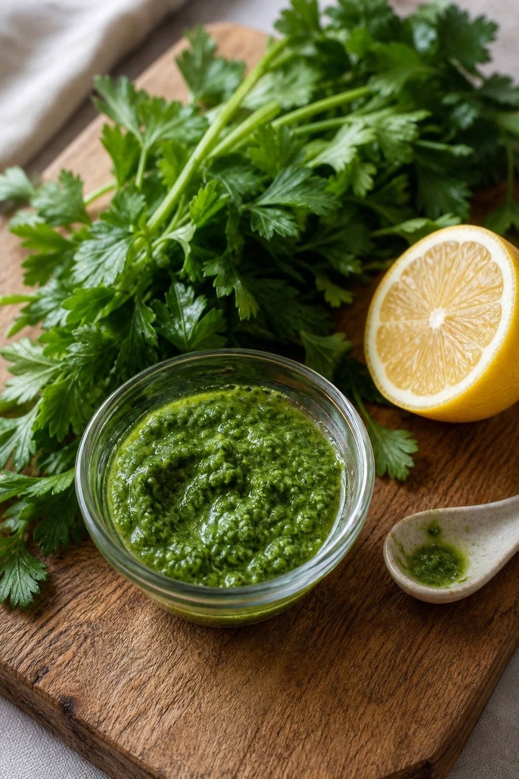 Bright green parsley brightening mask in a glass dish with a fresh bunch of parsley and half a lemon on a wooden board