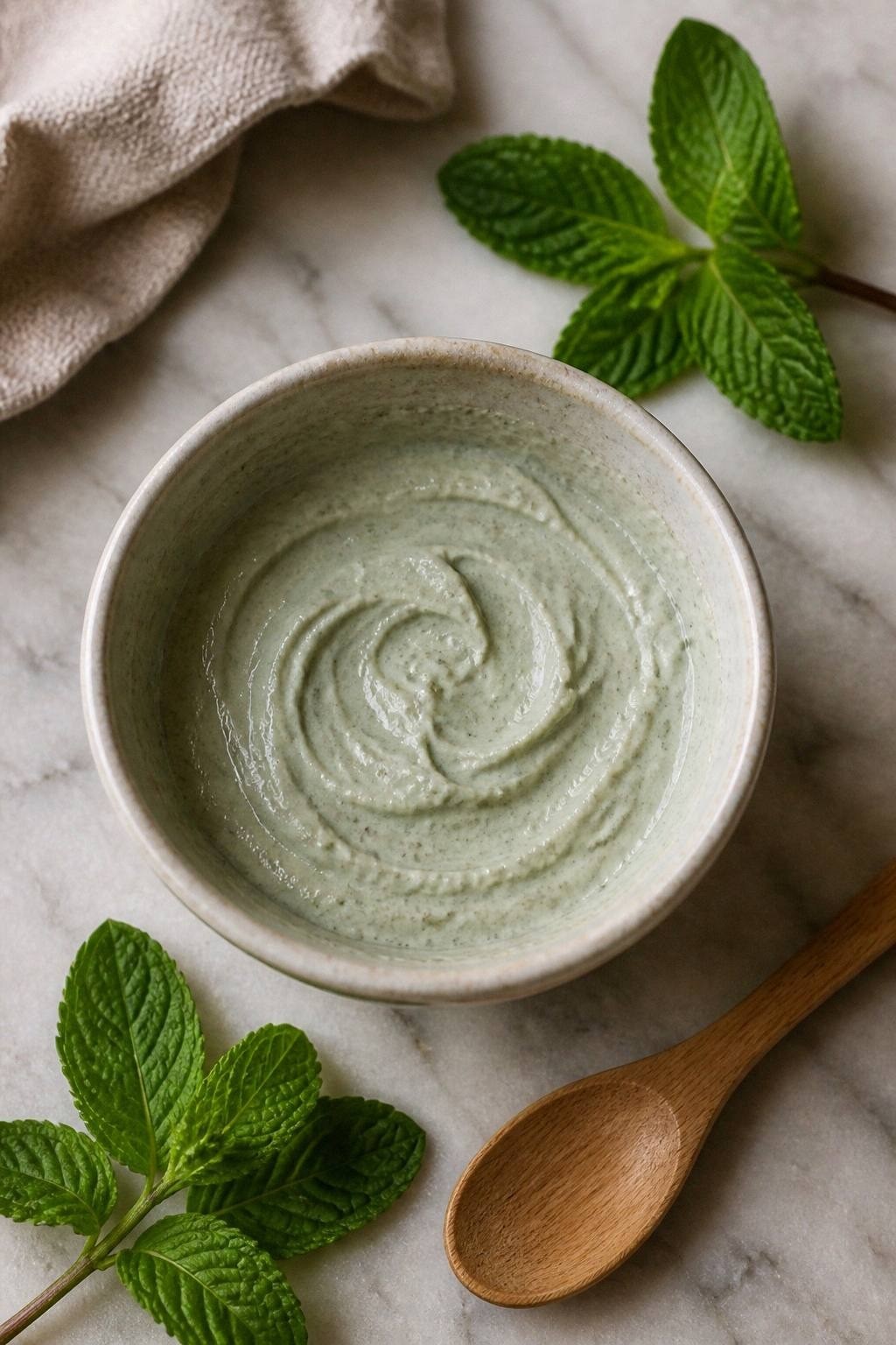 Pale green mint clay mask in a ceramic bowl with fresh mint sprigs and a small wooden spoon on a marble surface