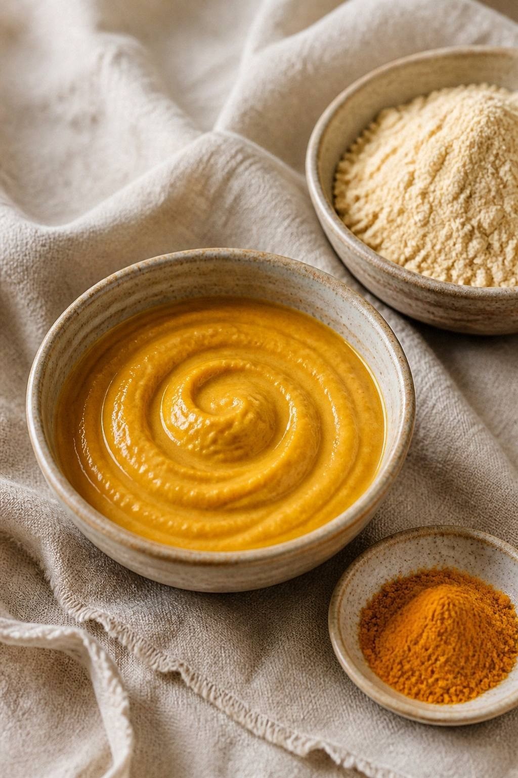 Bright golden turmeric face mask paste in a small ceramic bowl with a pinch dish of turmeric powder and chickpea flour