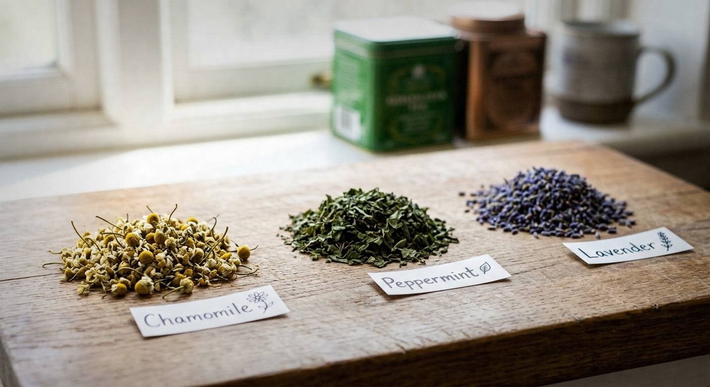 Five glass jars filled with colorful loose leaf herbal tea blends featuring dandelion root, nettle, mint, and lavender on a wooden table with fresh spring herbs scattered around