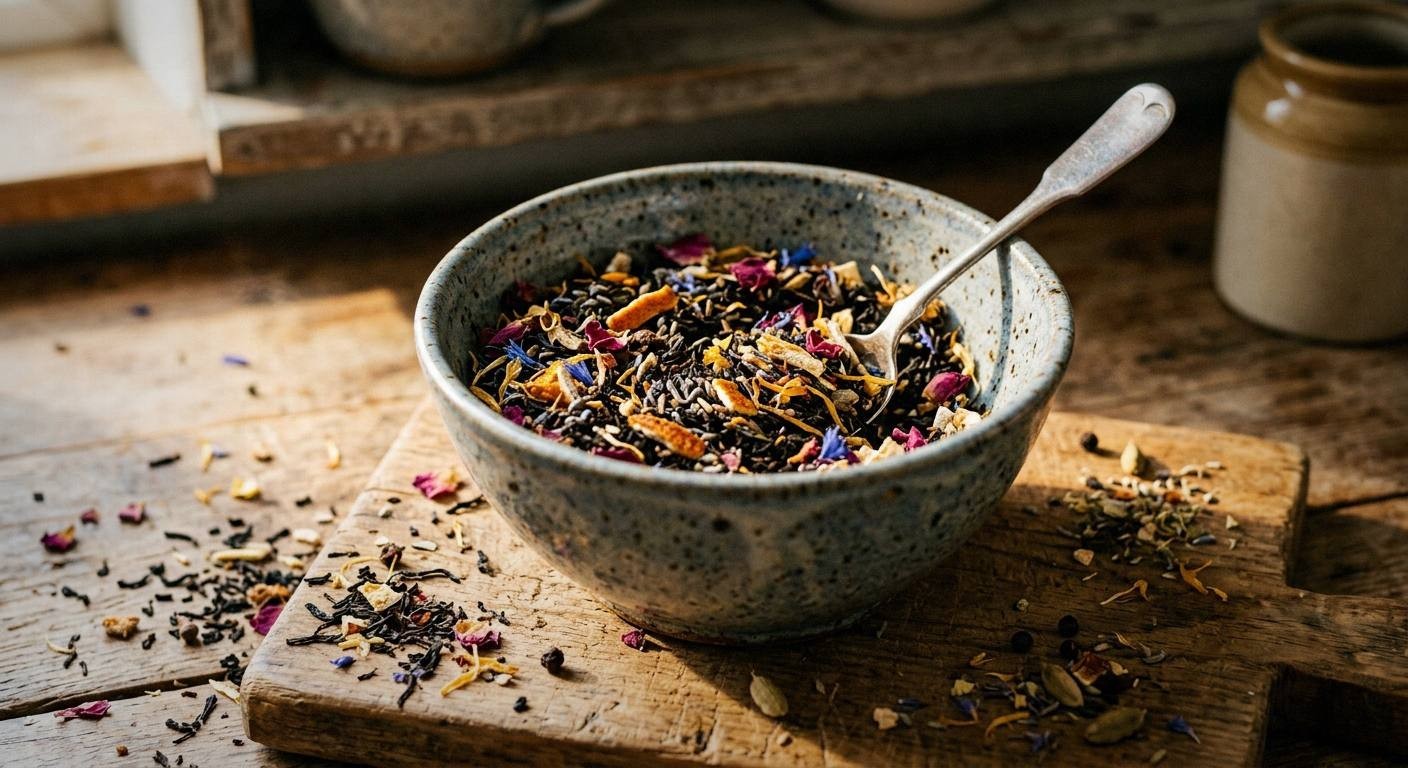 Hands mixing dried nettle leaf and dandelion root in a ceramic bowl with loose leaf tea ingredients spread on a linen cloth