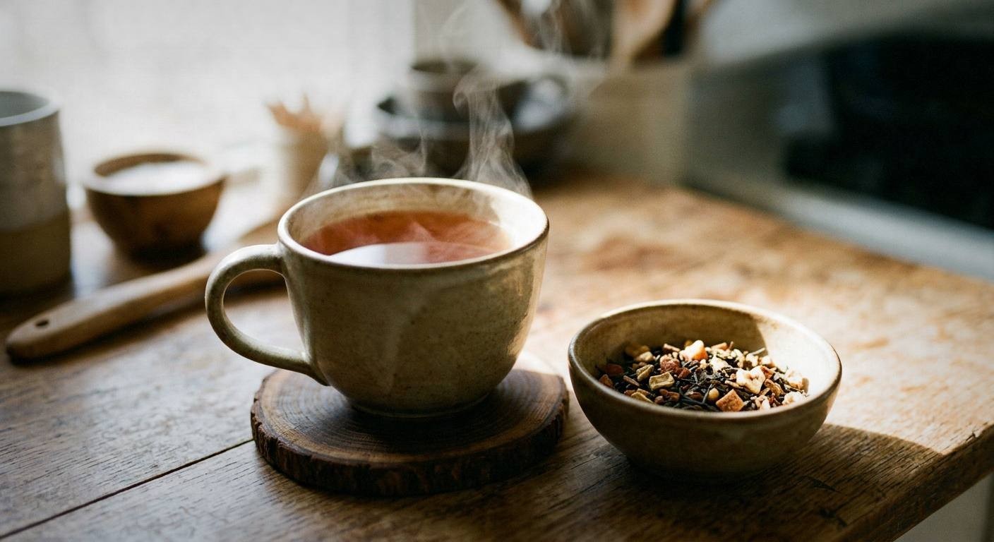 Steaming cup of golden herbal tea next to open glass jars of loose leaf tea blends with dried dandelion, mint, and rose petals visible