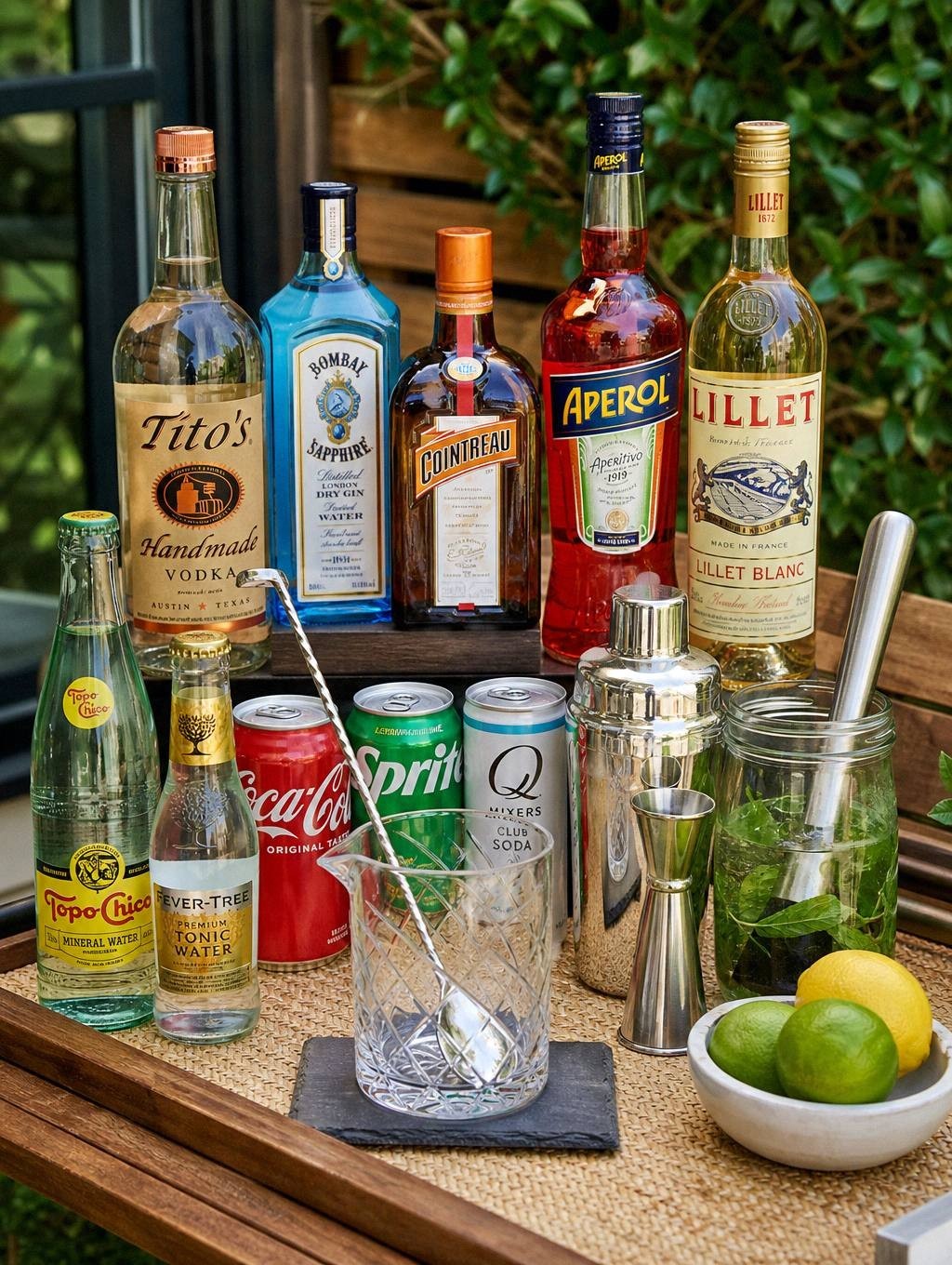 An outdoor drink station at golden hour under string lights, with two dispensers, stacked cups, a garnish tray, mixers and spirits, and a bin at the end of the table