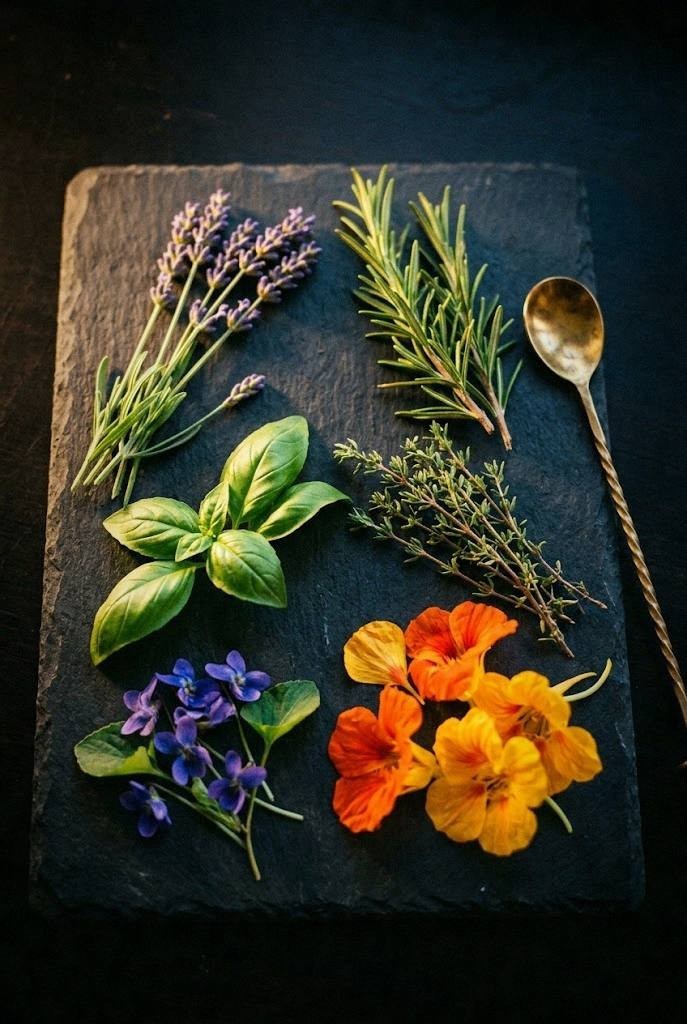 Fresh basil leaves and lavender sprigs beside a gin cocktail in a rocks glass