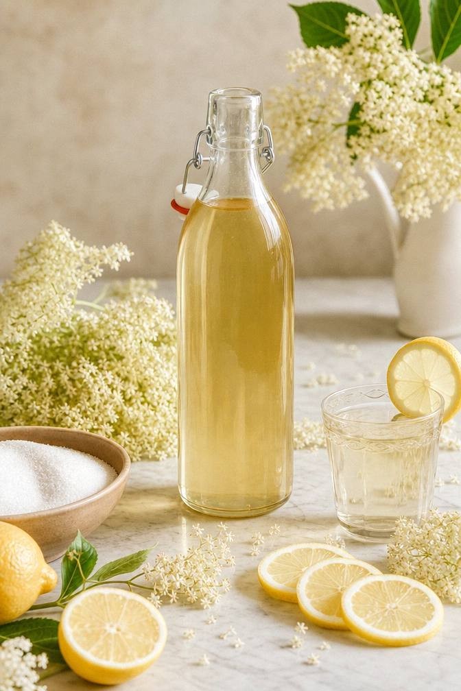 Fresh elderflower heads and lemons for homemade cordial