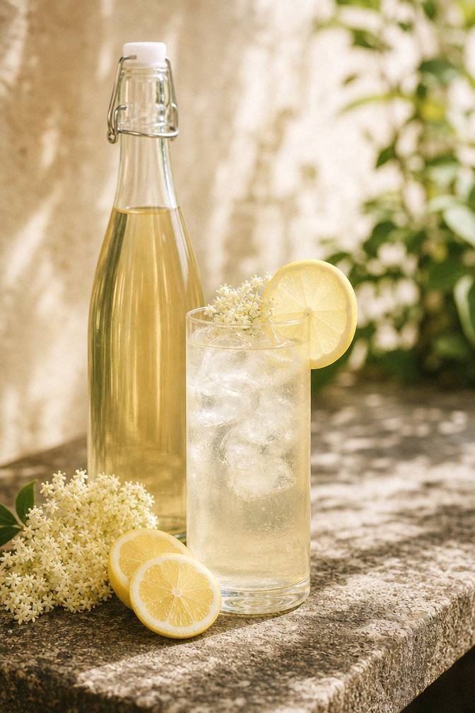Elderflower cordial served as a sparkling drink