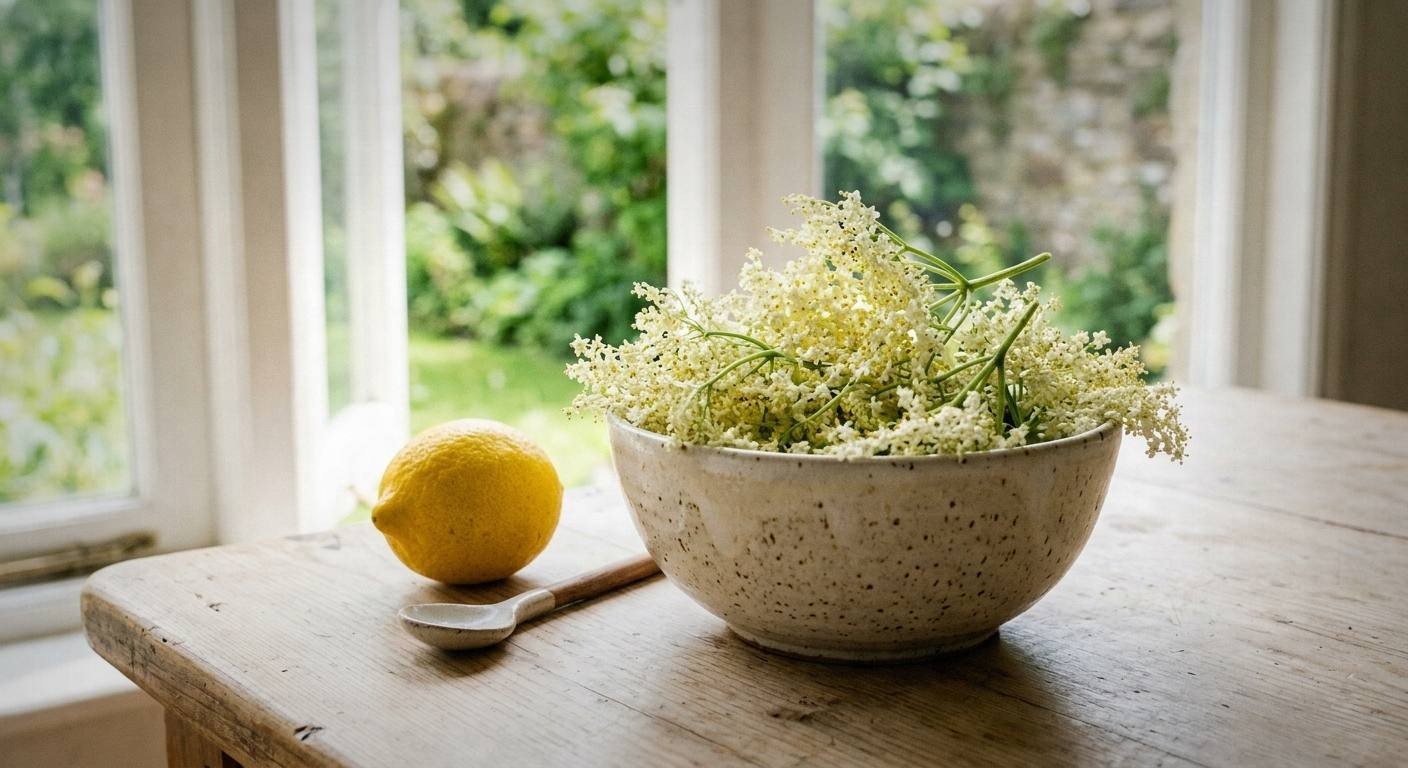 Fresh elderflower heads in wicker basket with morning dew, UK hedgerow background, late spring sunlight, traditional foraging