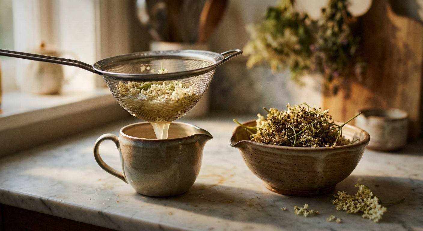 Elderflower heads steeping in lemon sugar syrup, glass bowl, visible lemon slices, muslin cloth cover, natural window light