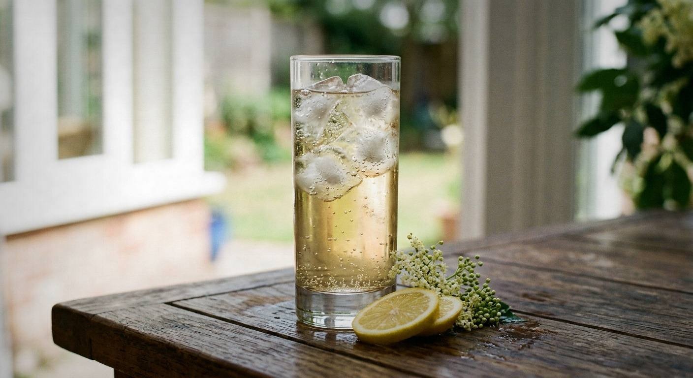 Elderflower cordial in tall glass with ice cubes, sparkling water, fresh elderflower garnish, condensation on glass, outdoor spring garden setting