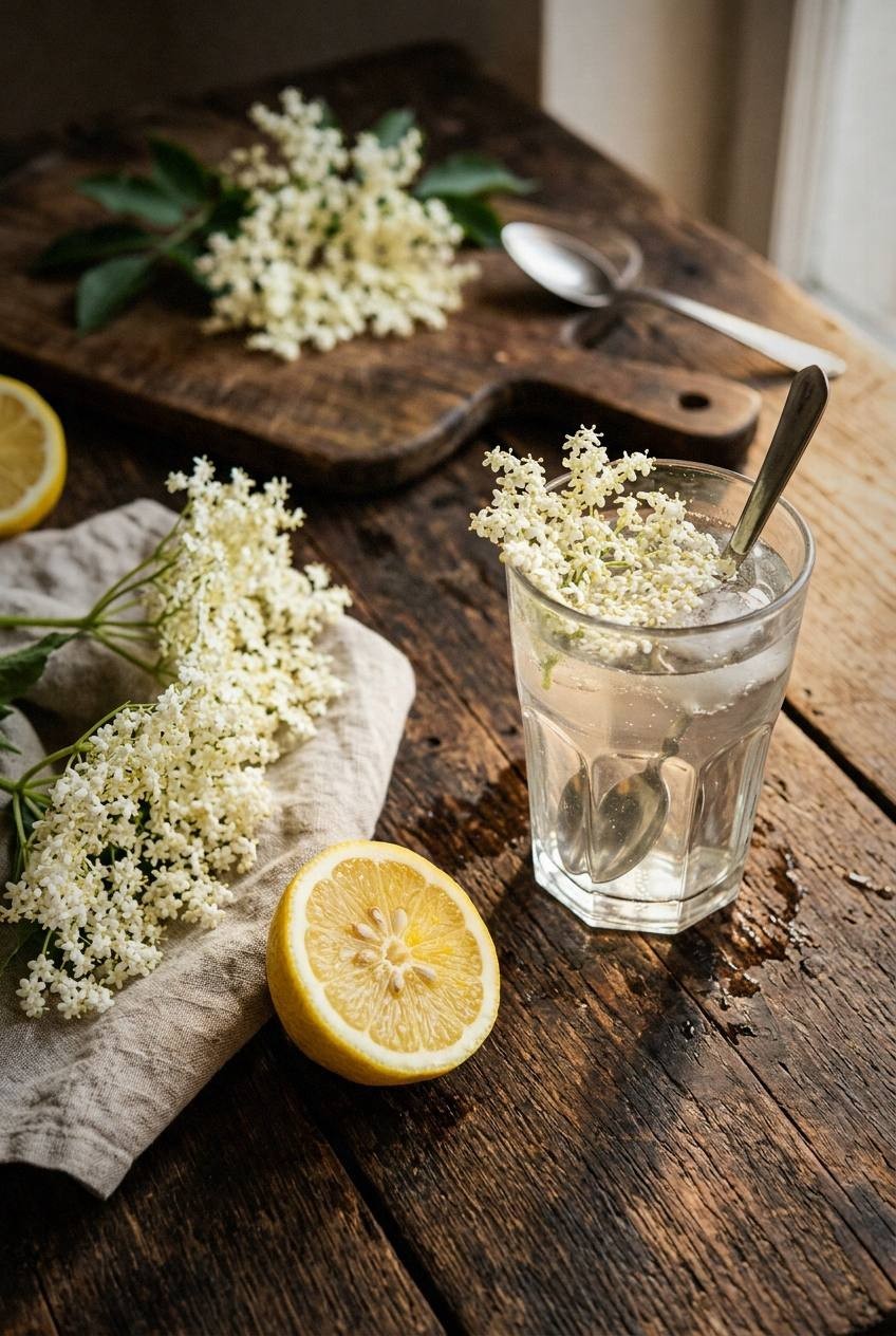 Fresh elderflowers and lemon slices arranged on a wooden cutting board