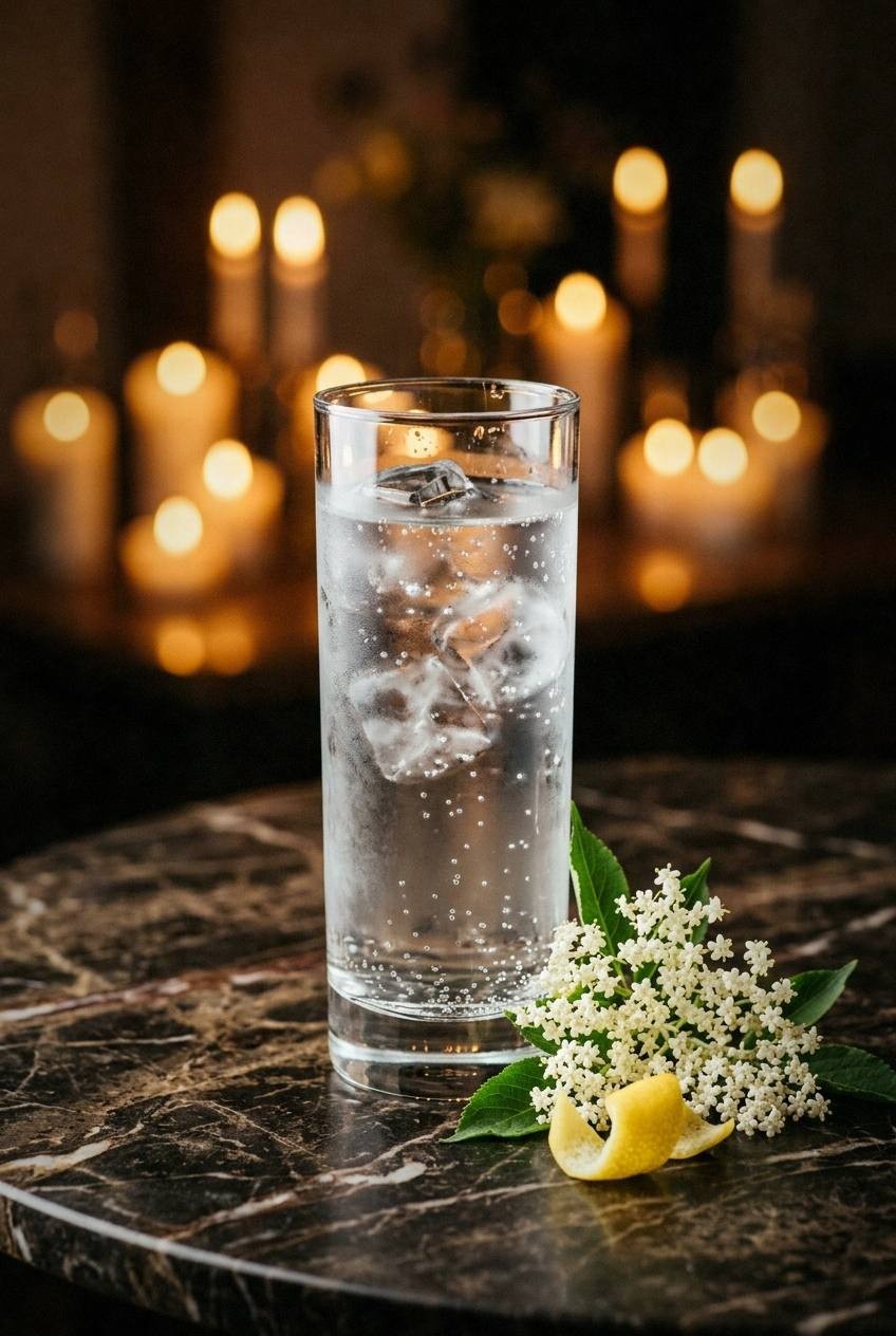 Elderflower gin collins being prepared with syrup being poured into a glass with ice
