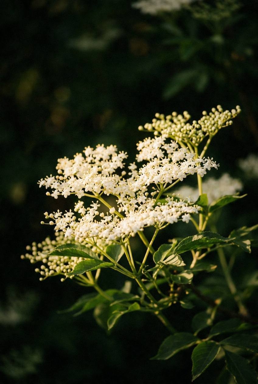 Fresh elderflower blossoms in a woven basket on a wooden table