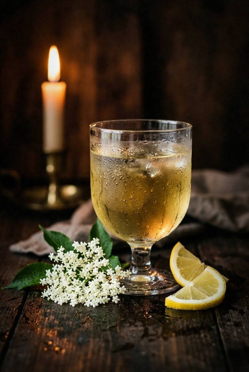 Elderflower tea in a clear glass teacup with fresh blossoms beside it