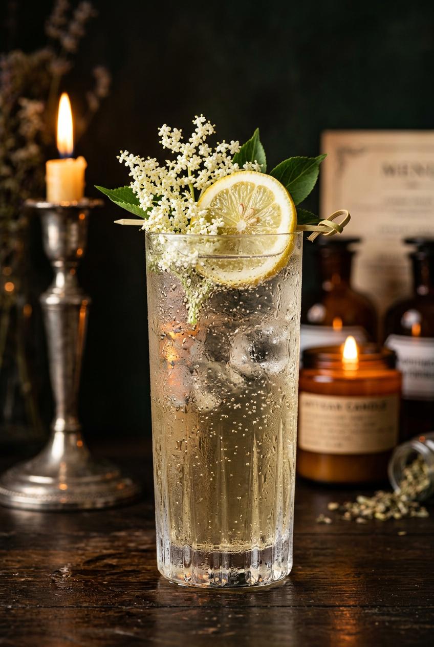 Bottle of homemade elderflower syrup with fresh flowers and lemon slices