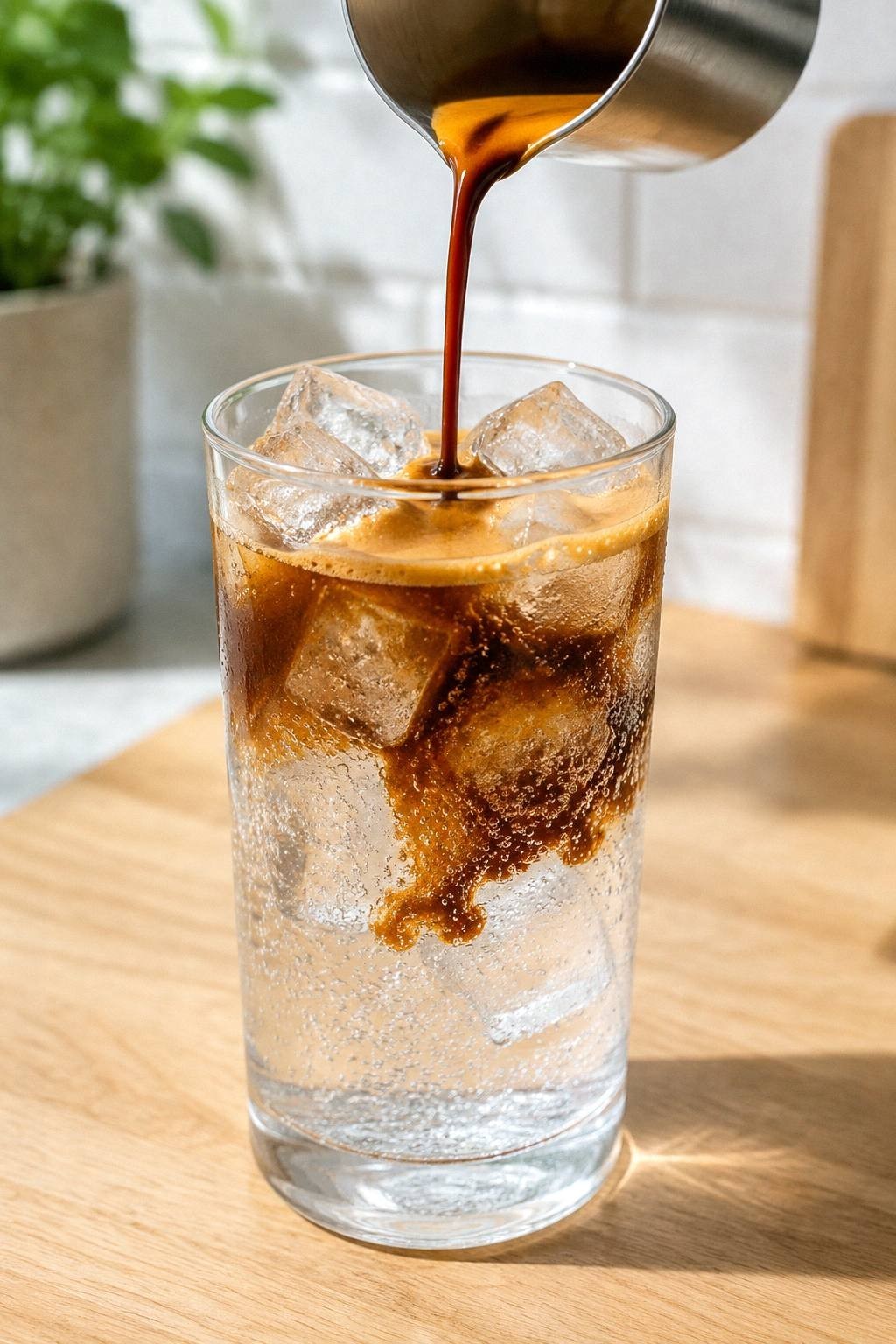 espresso pouring slowly from a small pitcher into a tall glass of tonic water and ice forming dark layers