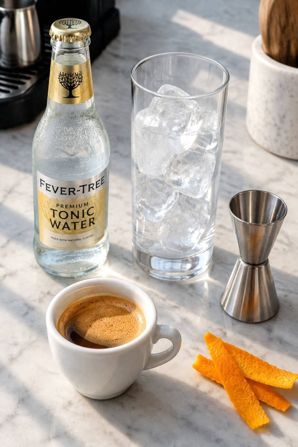 three espresso tonic variations in tall glasses with orange peel rosemary sprig and elderflower cordial bottle nearby