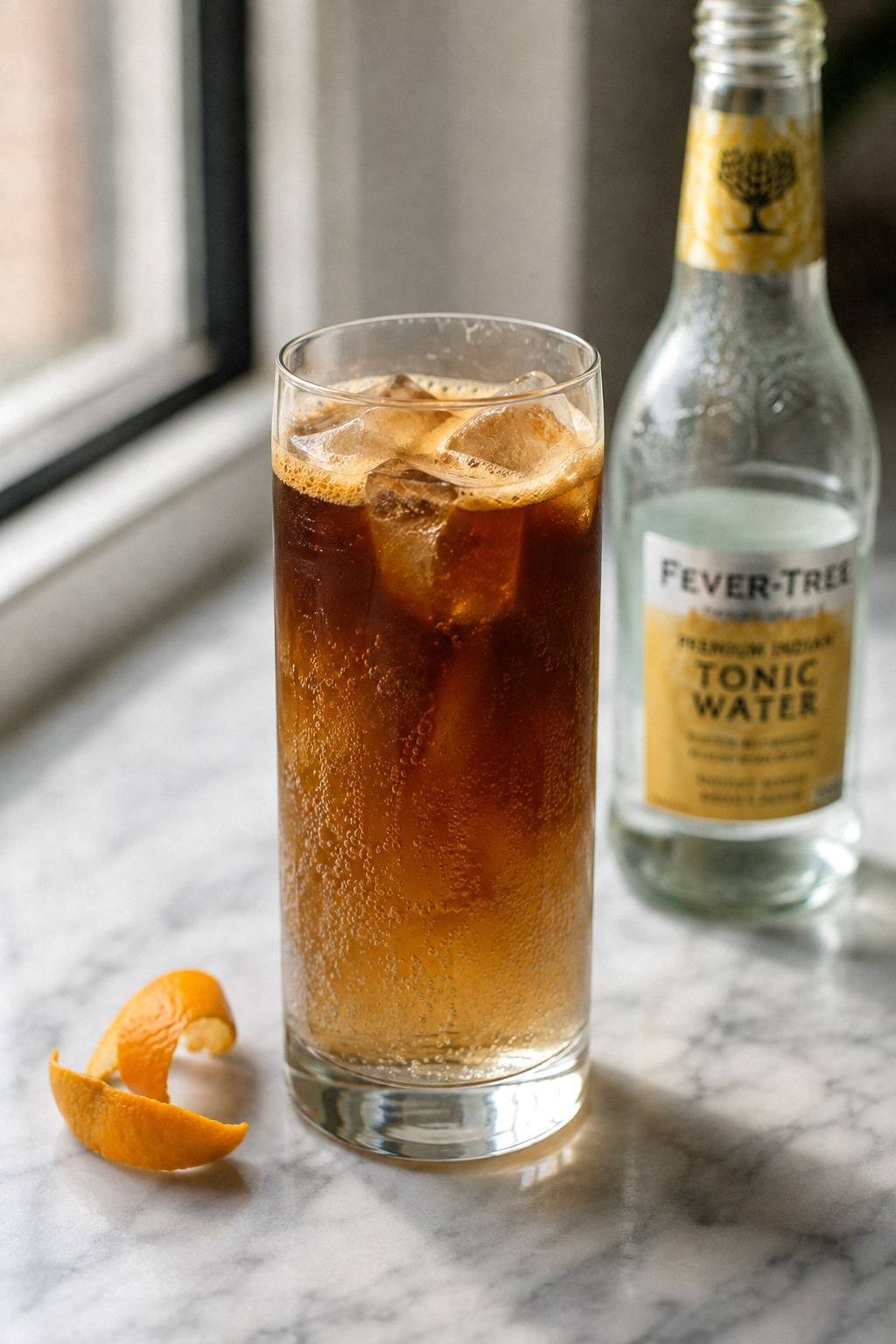 finished espresso tonic on a marble counter with dark espresso layer settling into clear bubbling tonic over ice