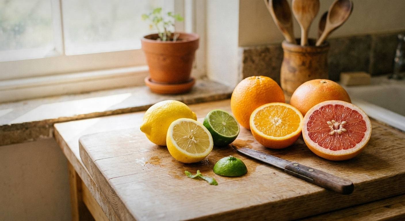 Organized pantry shelf with fresh mint, basil, lemons, limes, elderflower syrup, sparkling water, and botanical ingredients for making mocktails at home