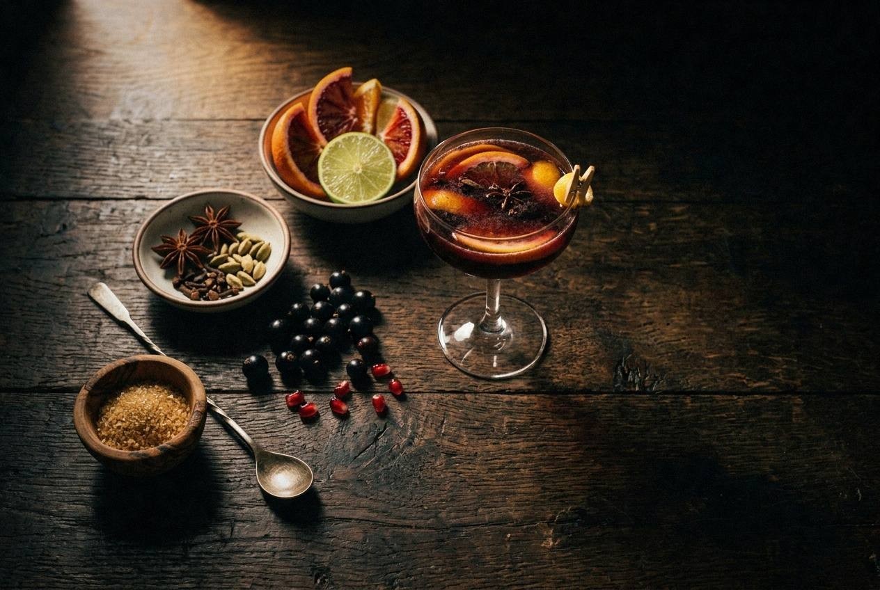 Three fancy mocktails in elegant glassware with elderflower spritz in wine glass, hibiscus margarita in salted rocks glass, and rosemary grapefruit fizz in highball glass on marble surface with fresh herbs