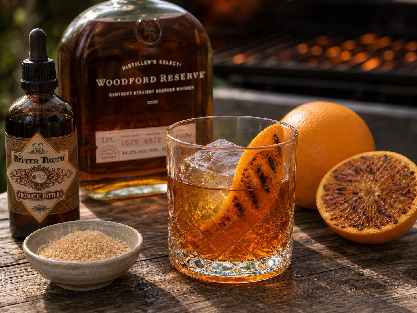 Grilled orange bourbon old fashioned in a rocks glass with a large clear ice cube, orange peel, bitters, and a small plate of grilled orange slices